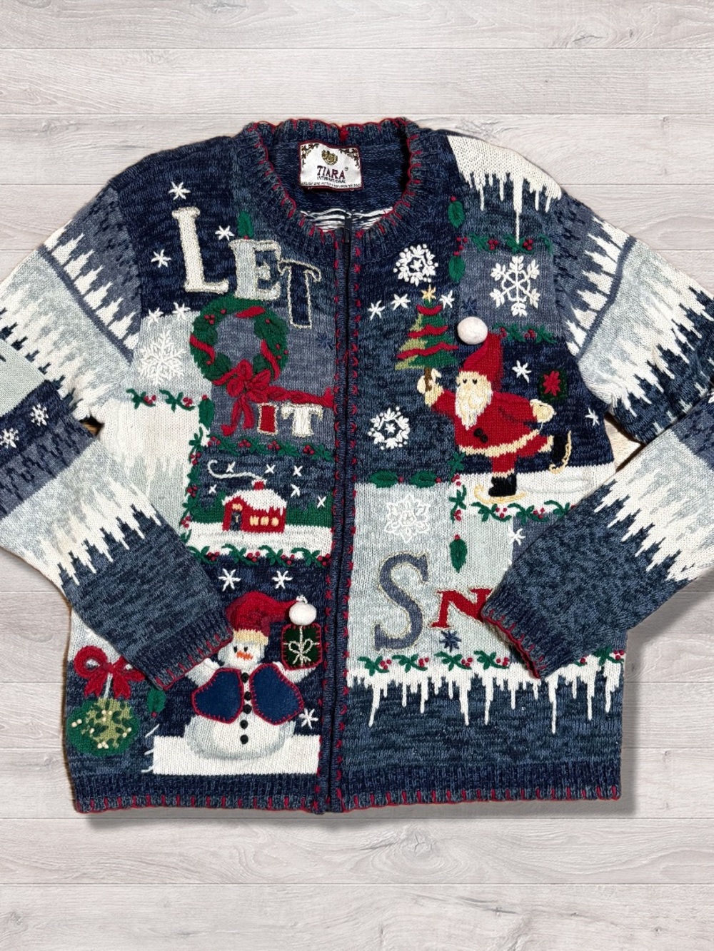Vintage 2002 Tiara International Full Zip Christmas Sweater Size L Let It Snow